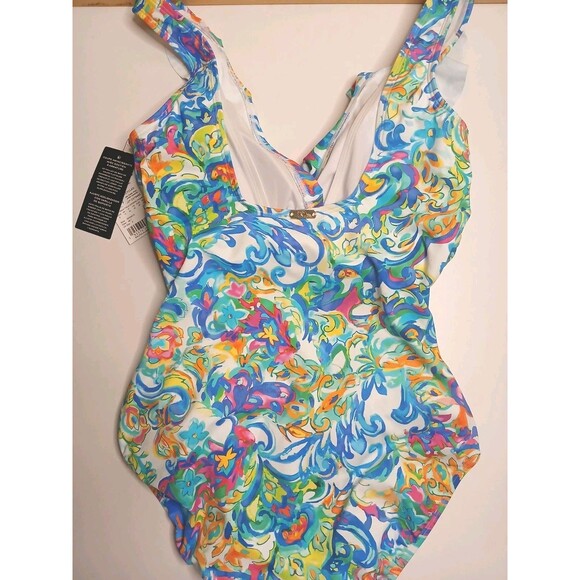 LAUREN Ralph Lauren Swimsuit Sz 8 Ruffle V-neck One Piece Multi Print - Picture 7 of 15
